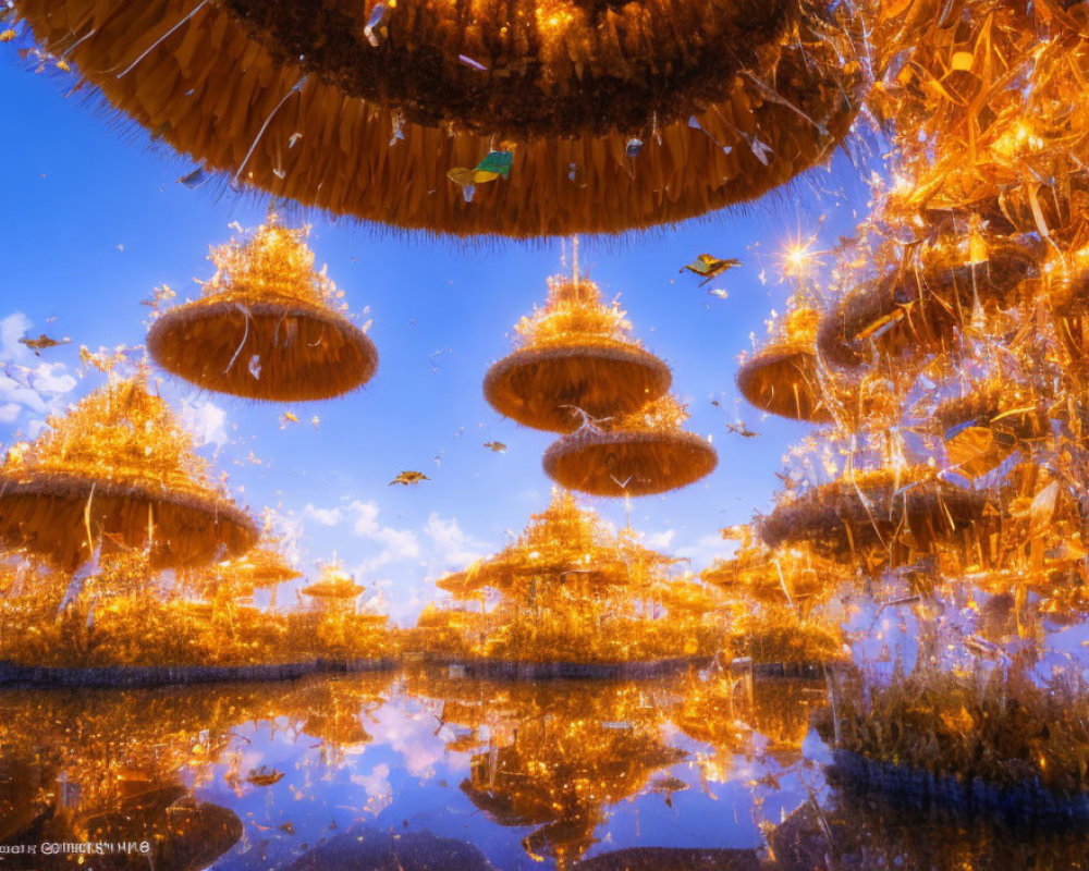 Surreal golden mushroom structures in reflective landscape
