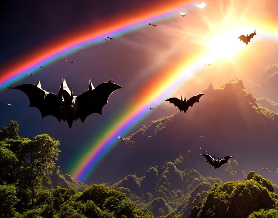 Vibrant rainbow over green mountain landscape with silhouetted bats