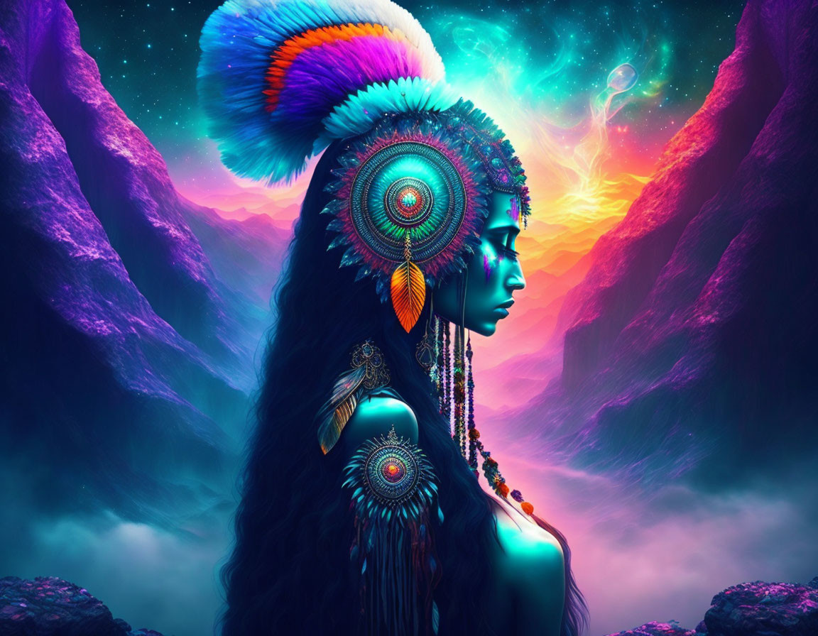 Colorful digital artwork of woman in tribal headdress against cosmic backdrop