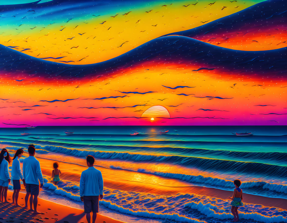 Colorful sunset beach scene with family, birds, and boats