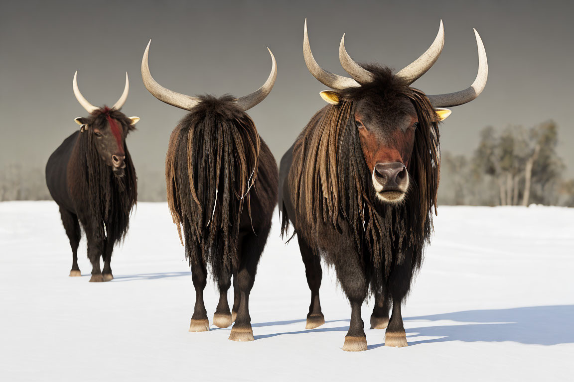 Three yaks with thick coats and long horns in snowy landscape