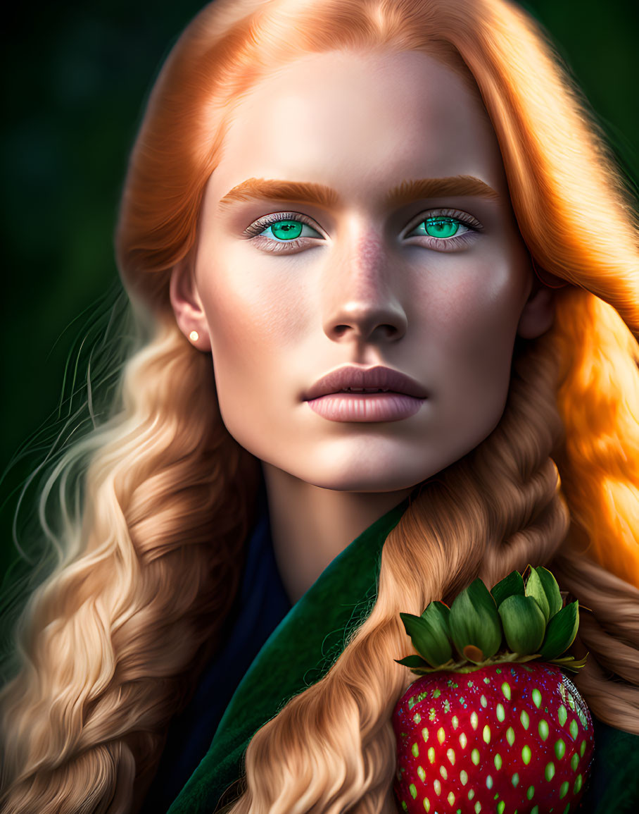 Portrait of woman with red hair and blue eyes holding strawberry on green background