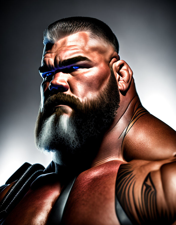 Muscular bearded man with blue eyes and tribal tattoos on dark background
