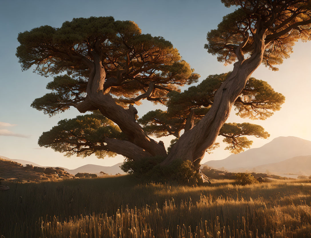 Majestic tree with thick trunk and spreading branches in golden sunlight at sunset