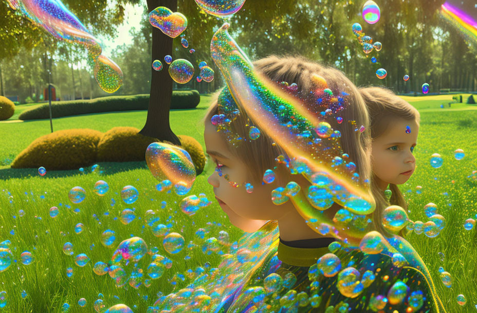 Children in sunny park with colorful soap bubbles creating magical atmosphere