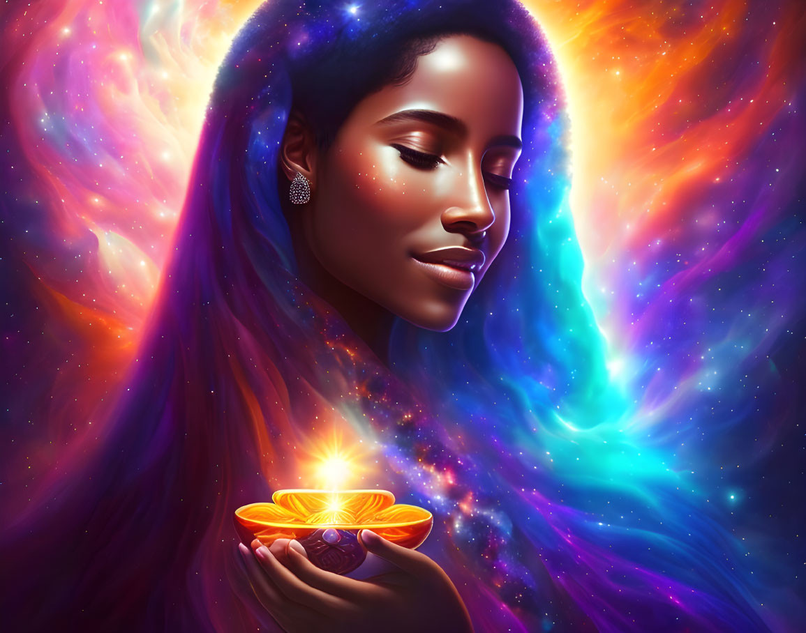 Serene woman with flowing hair holding glowing lamp in cosmic background