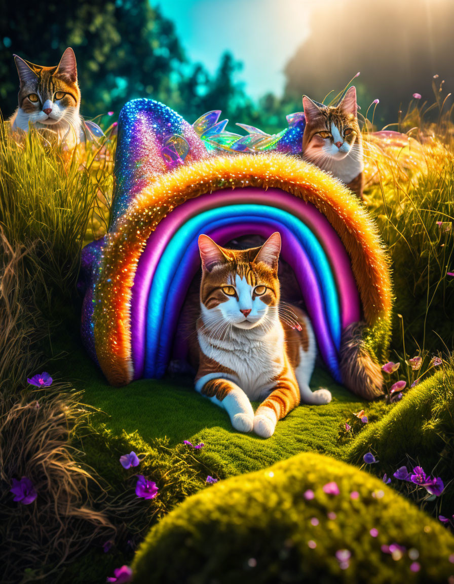 Three Cats Relaxing in Rainbow Tunnel on Grassy Field