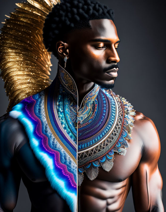 Man with Golden Headpiece, Artistic Body Paint, Colorful Fabric, and Jewelry
