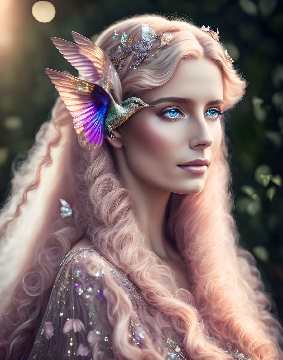 Digital artwork featuring woman with long pink hair, crystal crown, and hummingbird.