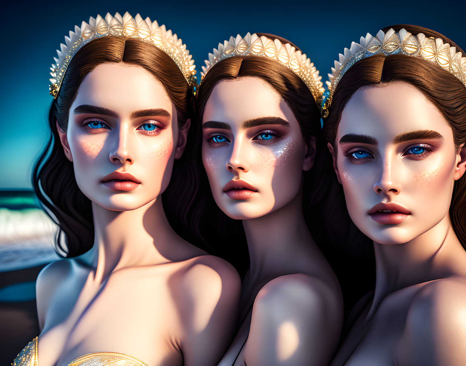Three Women with Tiaras and Blue Eyes Posing by Ocean