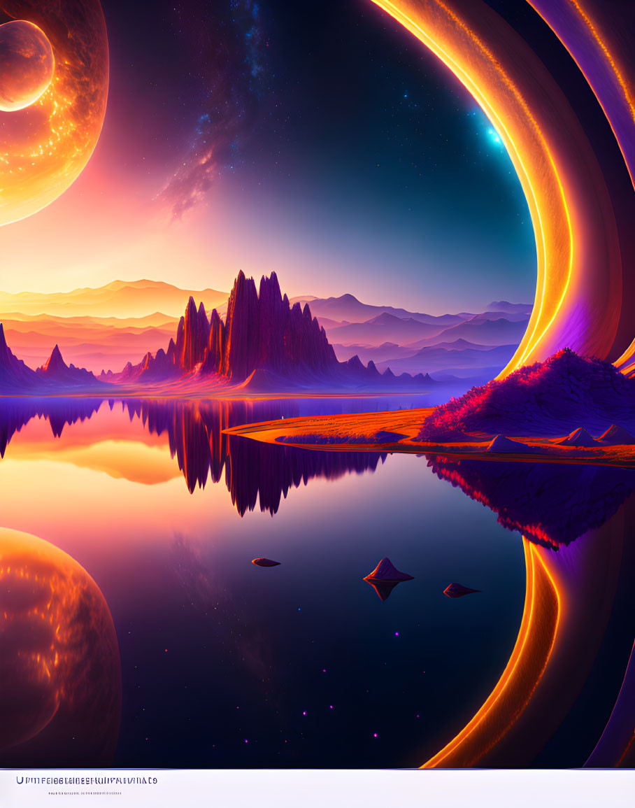 Colorful sci-fi landscape with ringed planet, reflective lake, mystical mountains, surreal sky