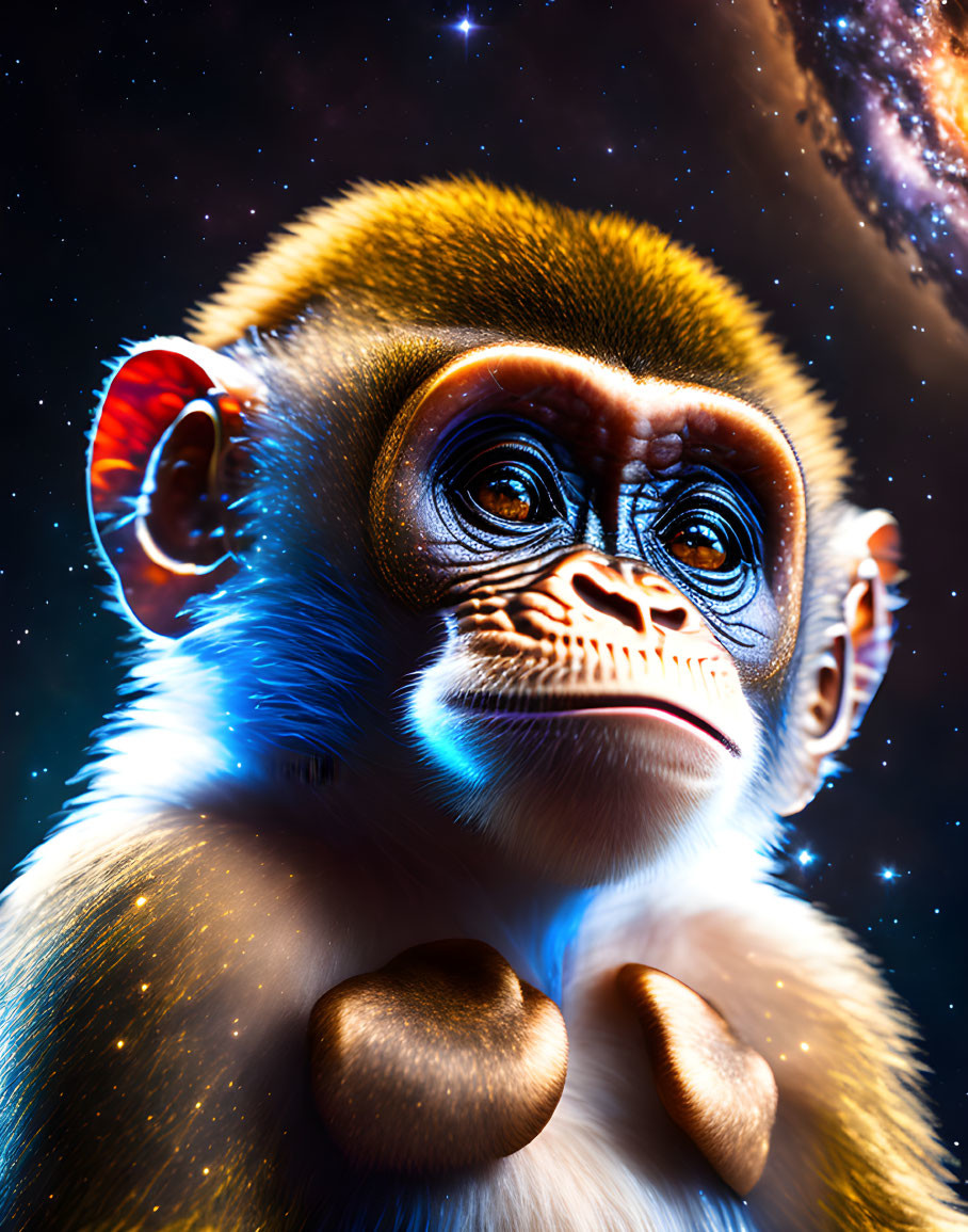 Vibrant monkey digital art with cosmic backdrop