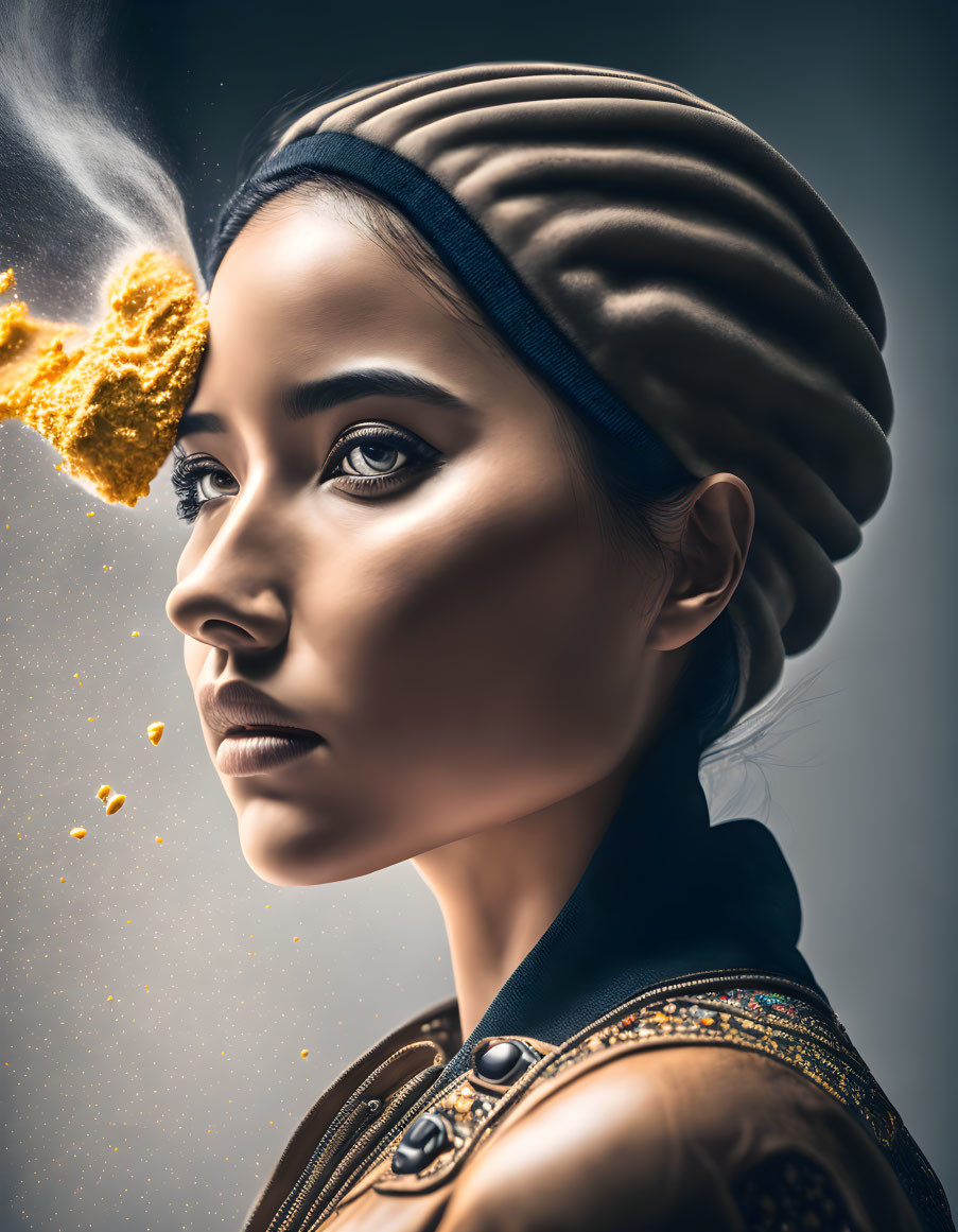 Digital artwork of woman in turban with golden burst effect