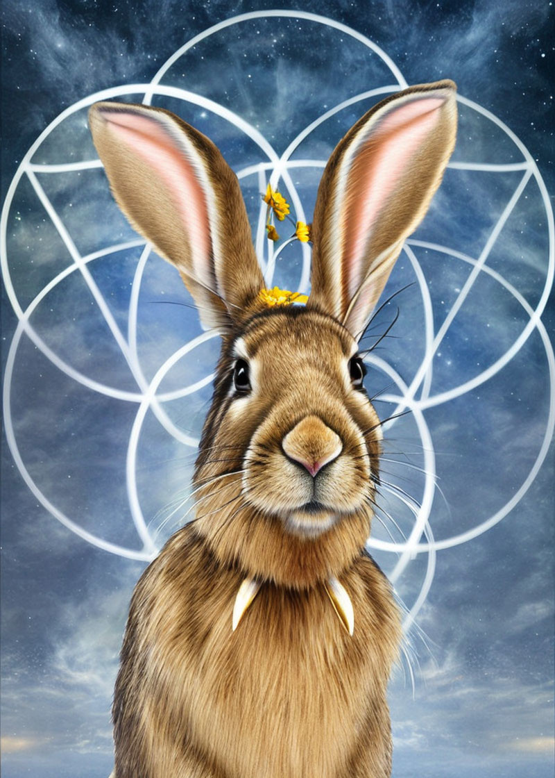 Detailed Brown Rabbit with Smaller Rabbit, Geometric Patterns, and Cosmic Sky