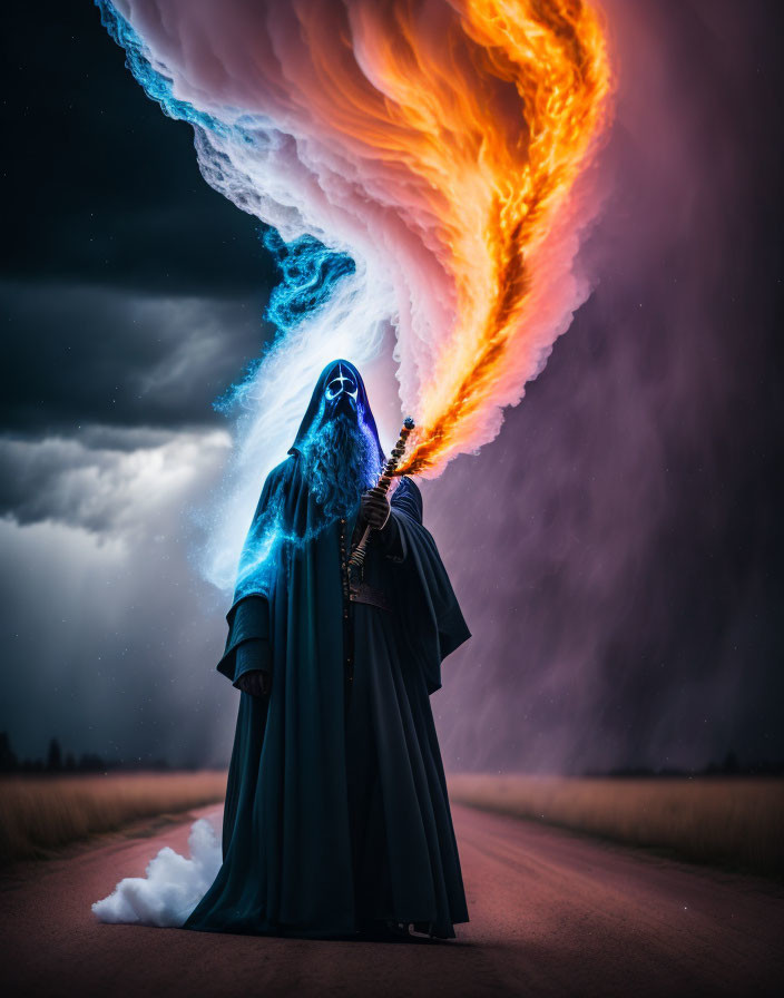 Cloaked figure with glowing blue face holding staff against stormy sky