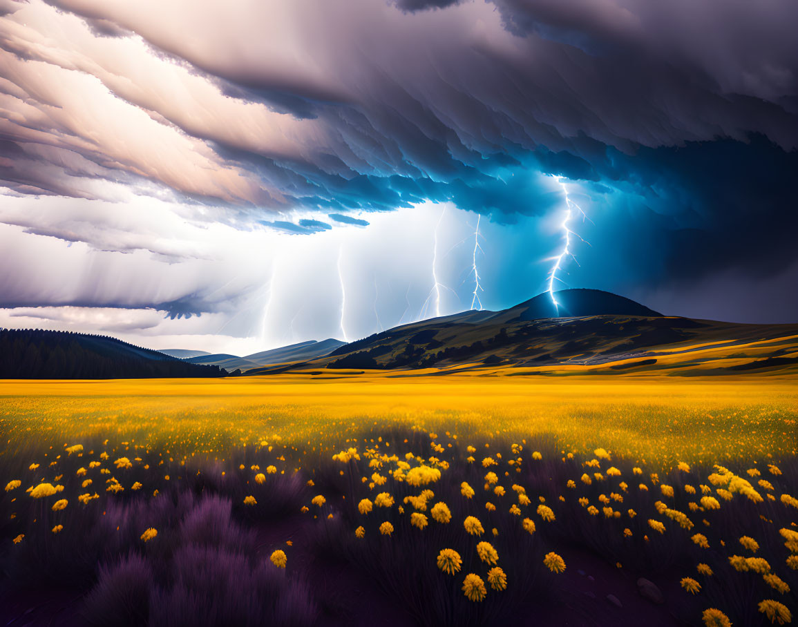Intense thunderstorm with lightning strikes over yellow wildflower field.