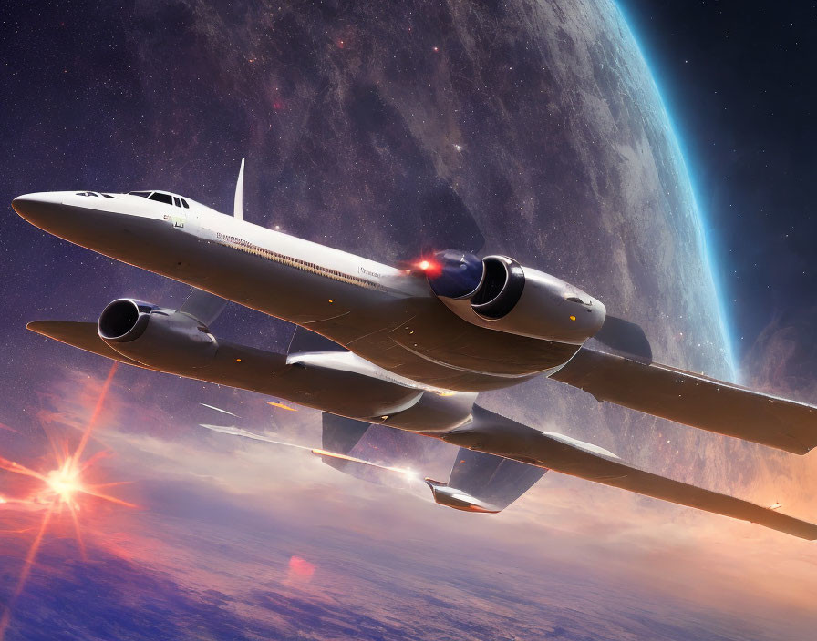 Sci-fi scene: airplane in space with planet and nebulae