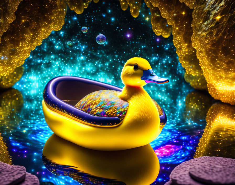 Colorful Digital Art: Rubber Duck in Gold and Blue Cave