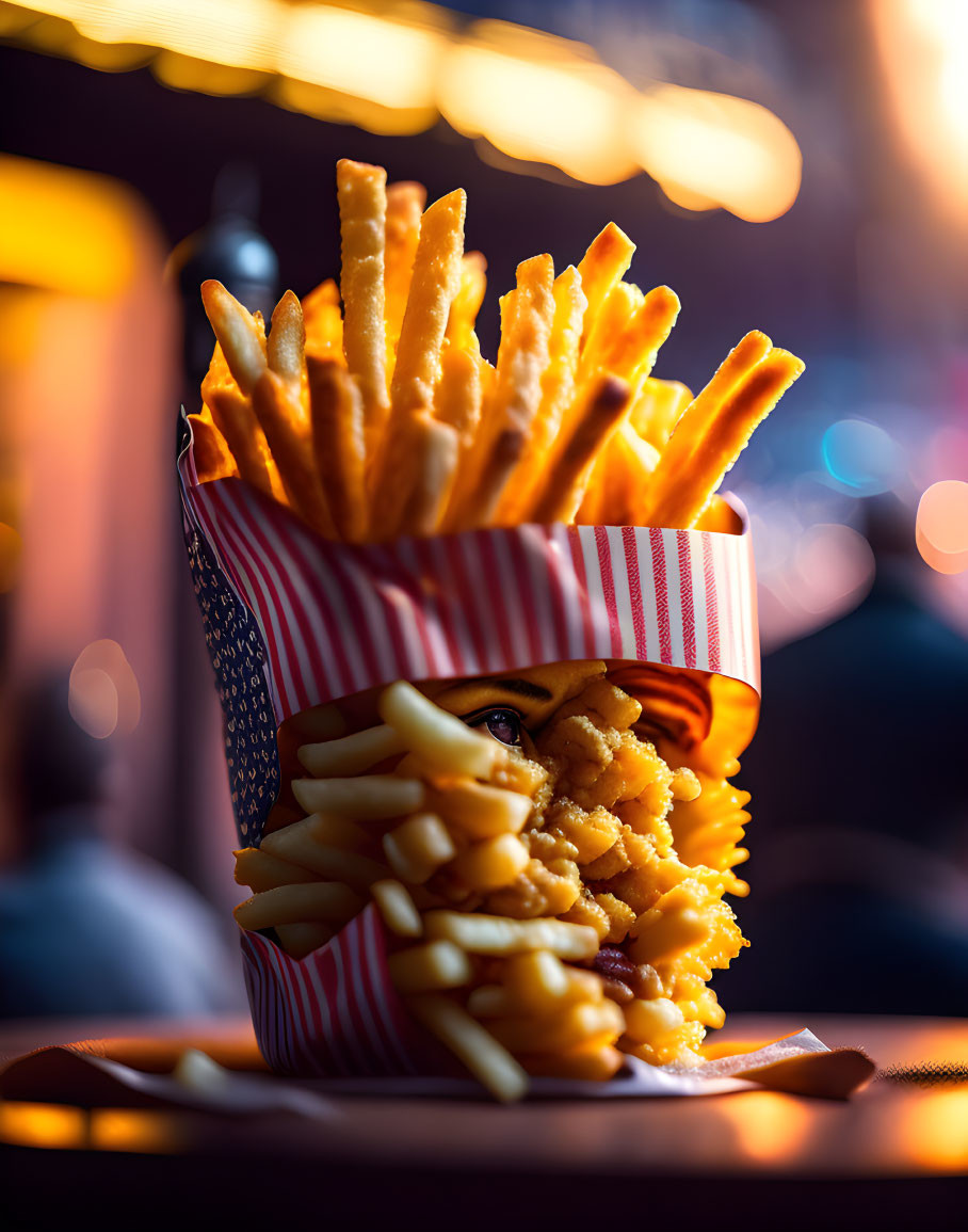 Golden French Fries Box with American Flag Design on Warm Light Background