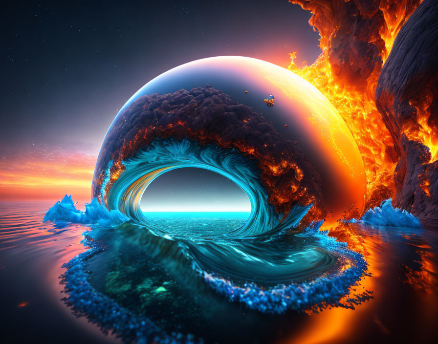 Surreal landscape with fiery cliff, tranquil sea, warped spherical object, watery hole, and