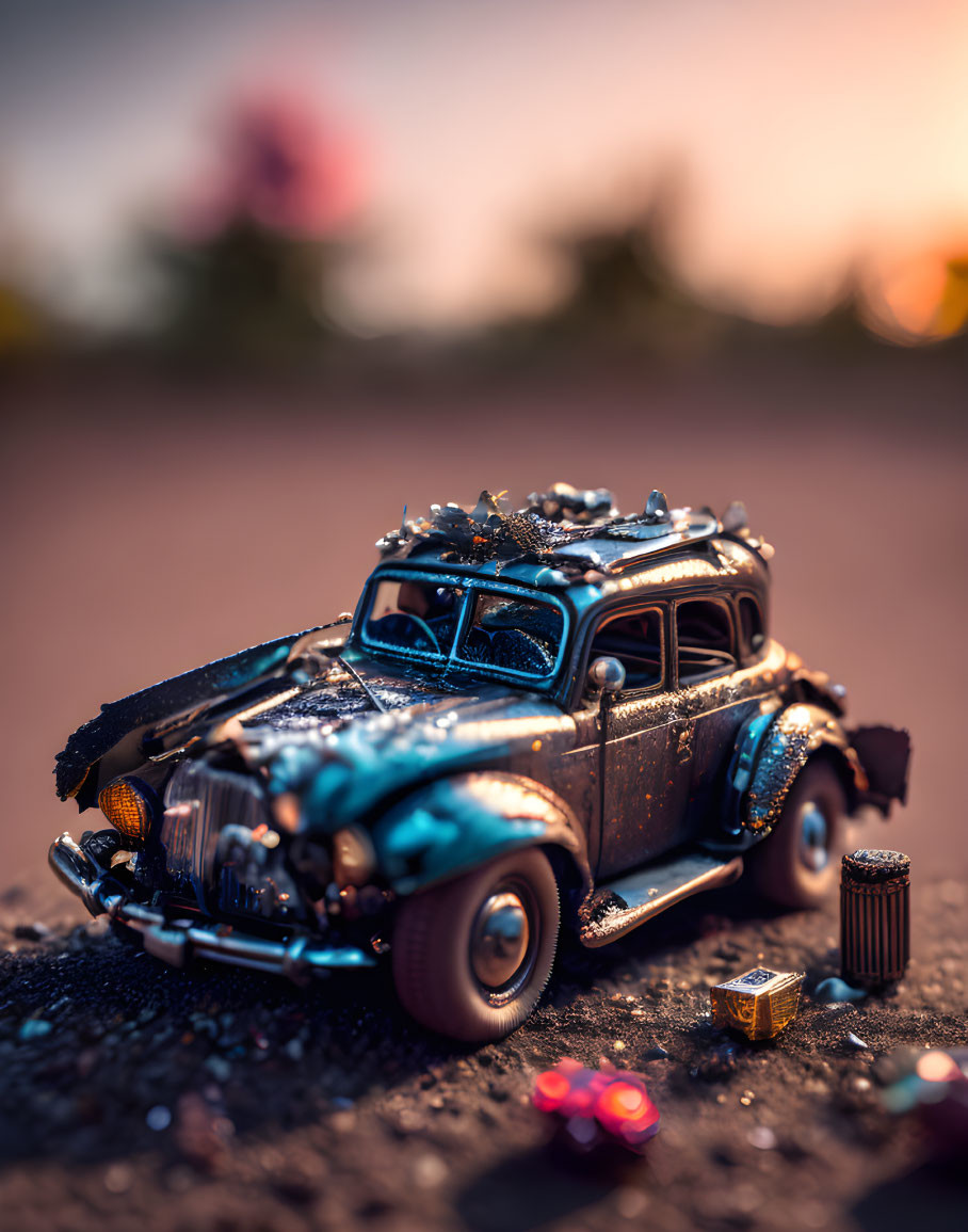 Vintage Toy Car on Gritty Surface with Scattered Trinkets and Blurred Sunset Background
