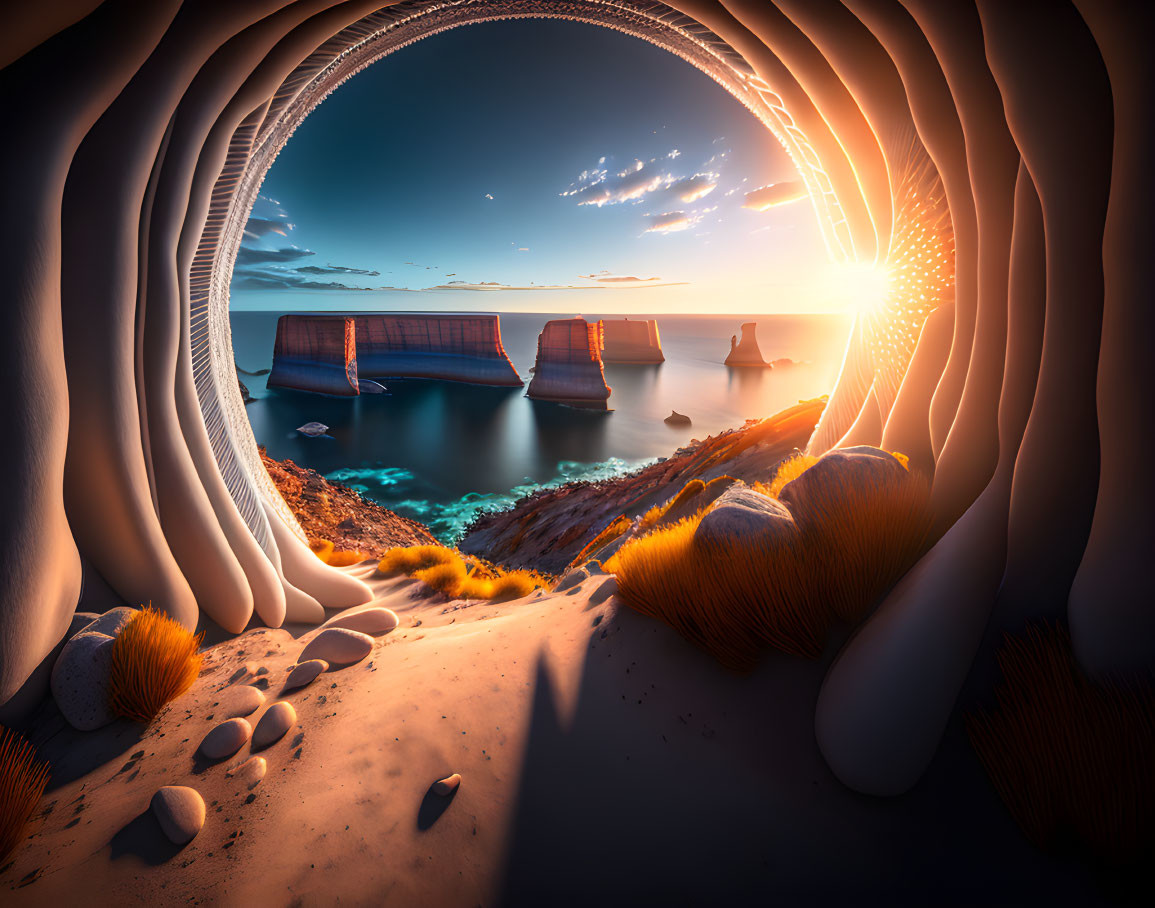 Surreal coastal landscape at sunset with arched rock formation and vibrant sky