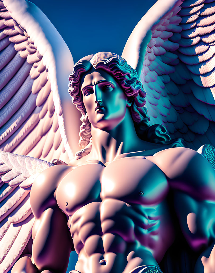 Stylized image of muscular angel with large wings in purple and blue gradient