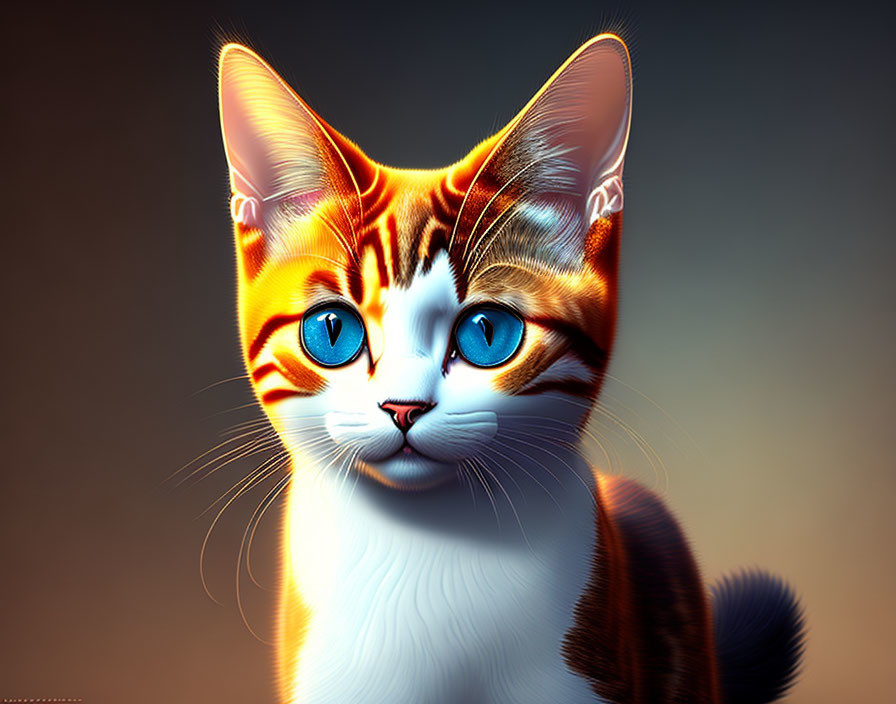 Realistic digital artwork of a striped cat with blue eyes on gradient background