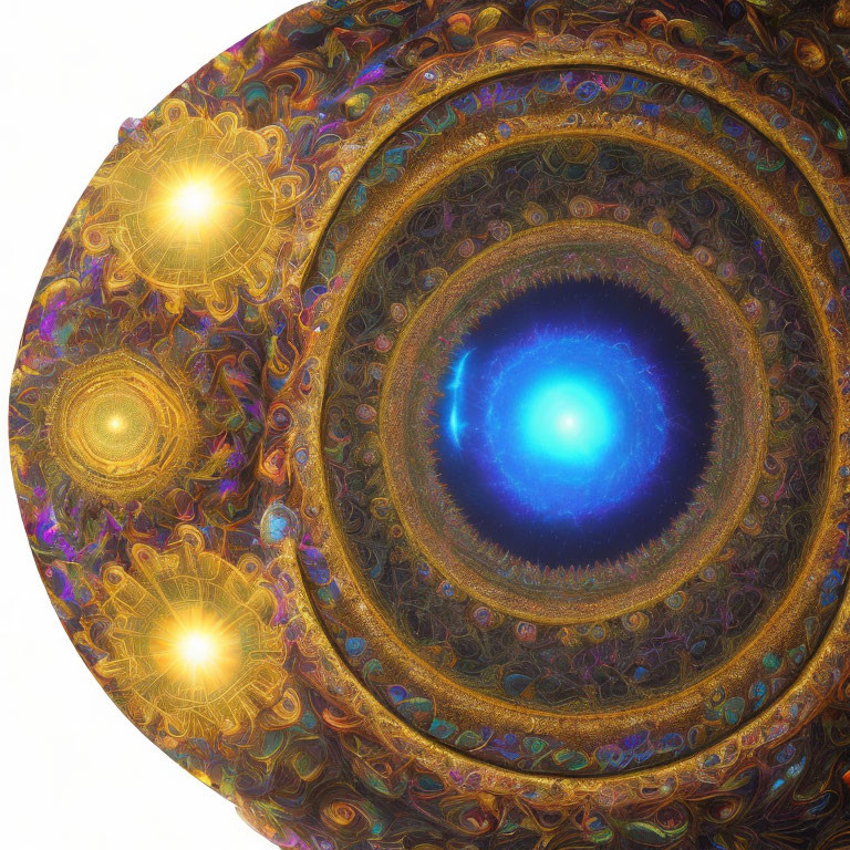 Intricate fractal image with glowing orbs and blue core surrounded by golden spirals