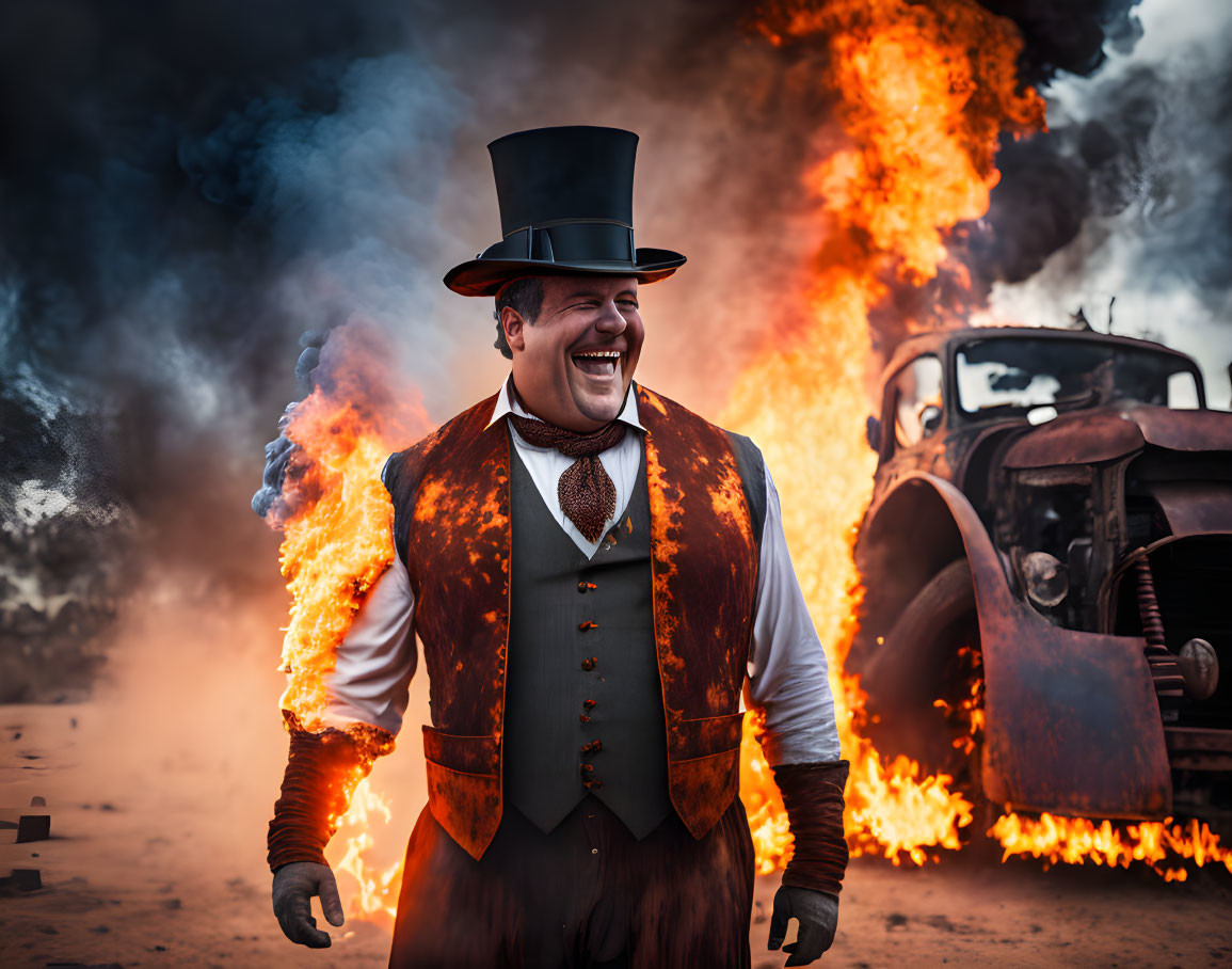 Man in top hat laughs near flaming car wreck in vintage attire
