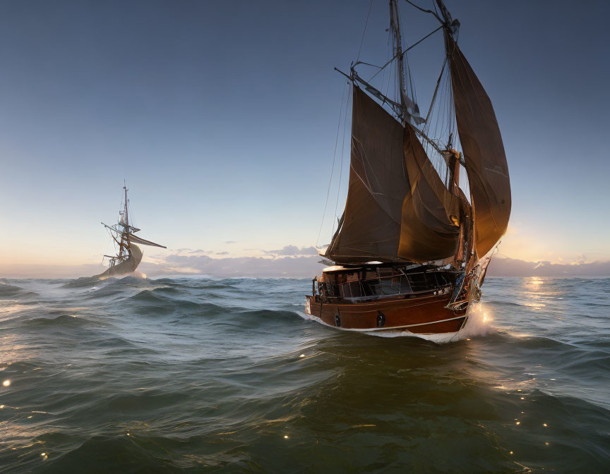 Tall ships with billowing sails in rough sea under sunset sky