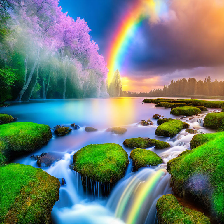Vibrant rainbow over tranquil river and moss-covered rocks in colorful landscape