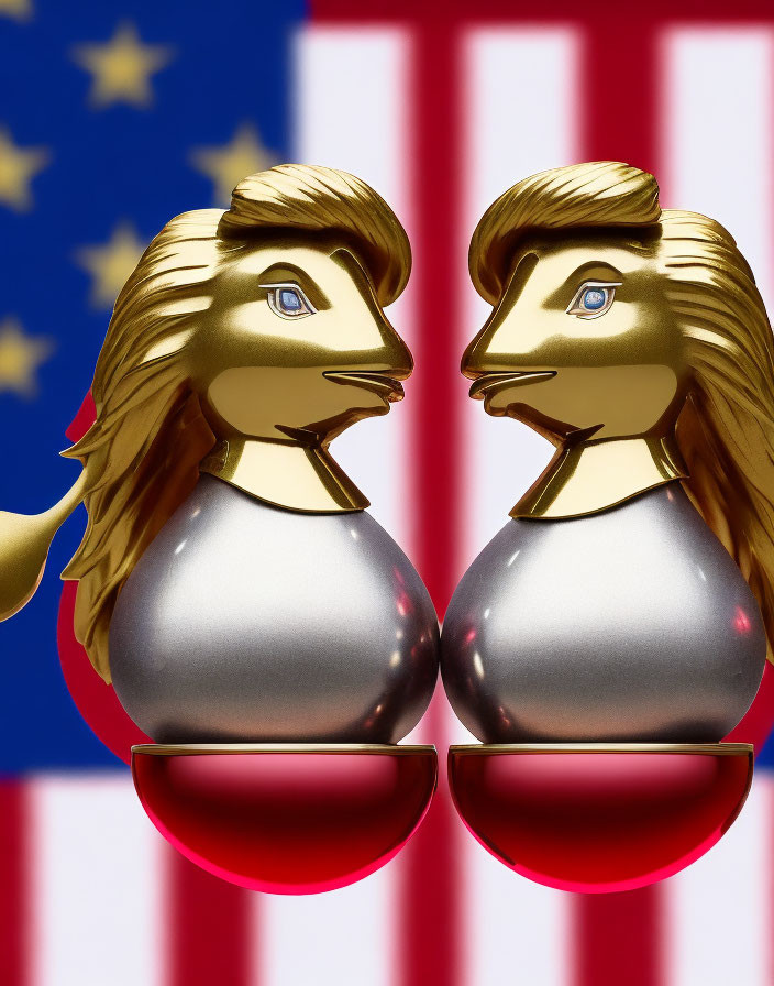 Stylized metallic lion figures with USA flag backdrop