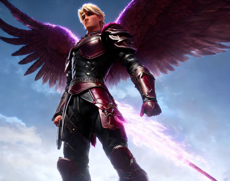 Male figure in black and purple armor with white wings against radiant sky background