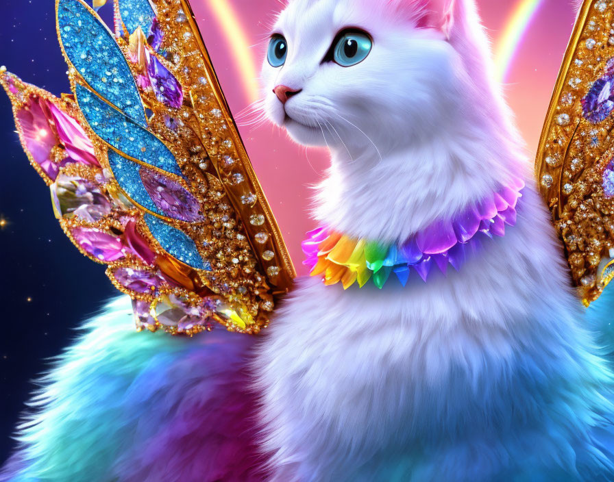 Colorful cat-like creature with butterfly wings and rainbow collar on cosmic backdrop