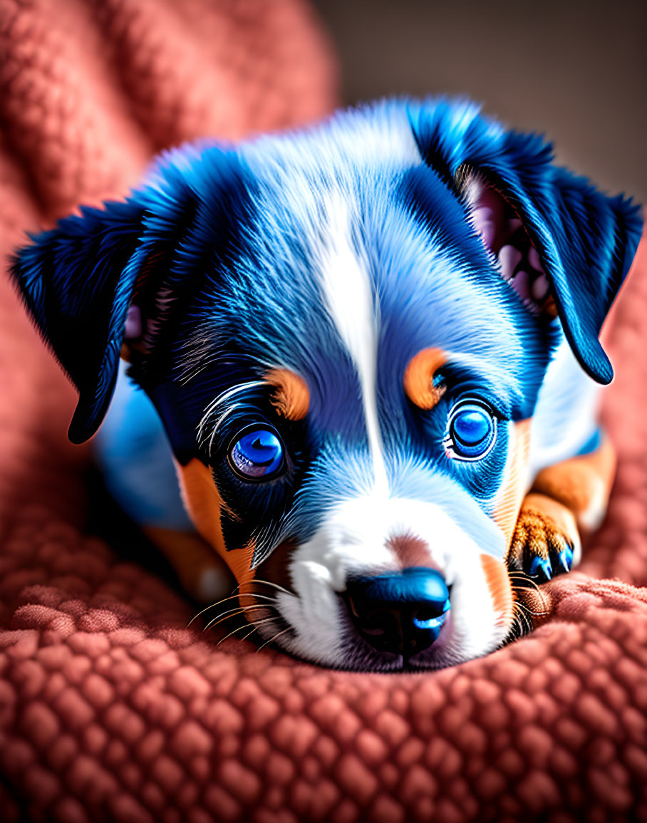 Blue-eyed puppy with black and tan fur on coral-pink blanket gazes into camera