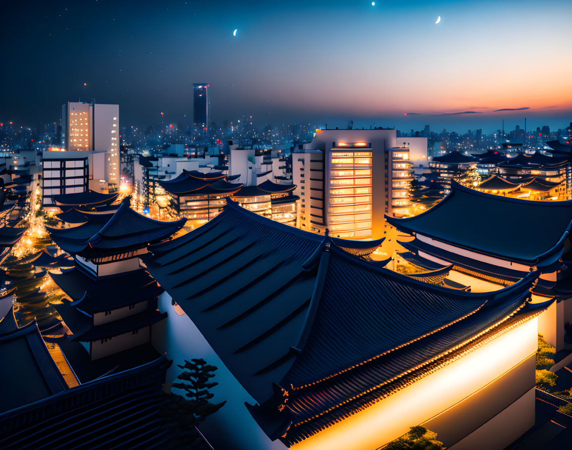 Cityscape with Traditional Asian Architecture at Dusk