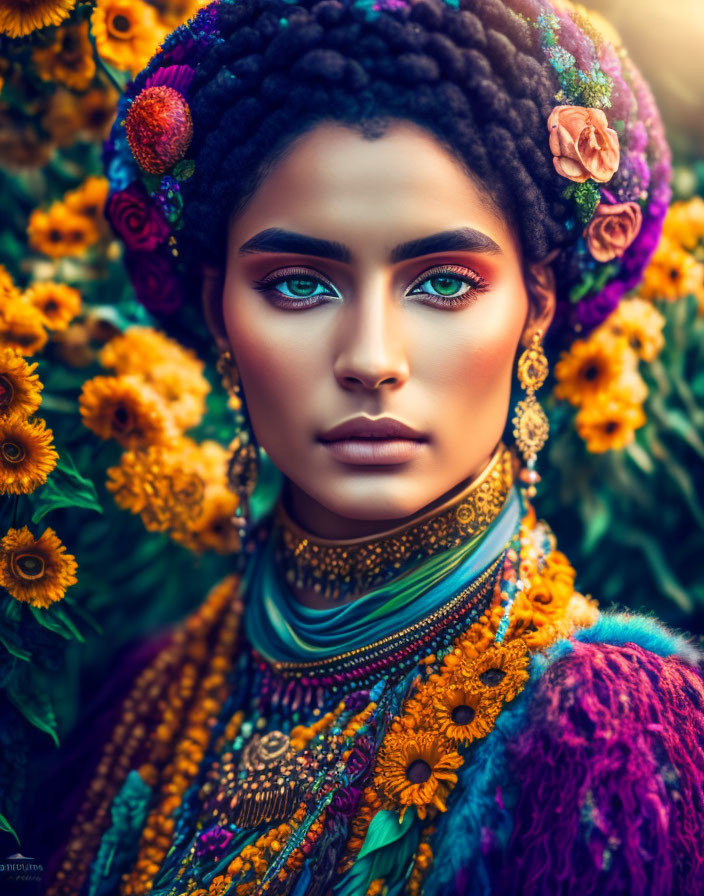 Vivid makeup woman with blue eyes among sunflowers and colorful attire