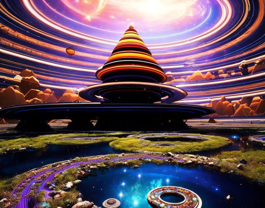 Colorful surreal landscape with striped cone and ringed planets