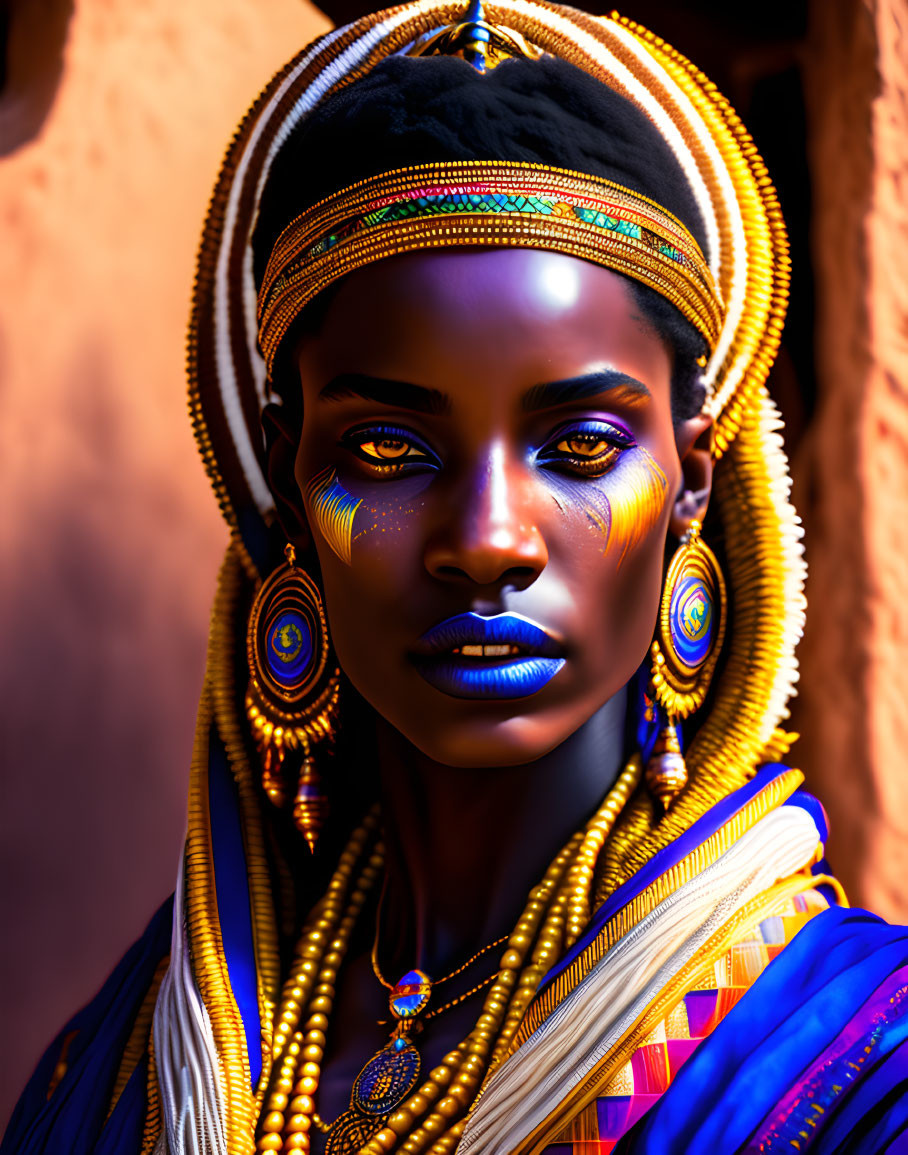 Portrait of Woman with Striking Blue and Gold Face Paint and Colorful Headwrap