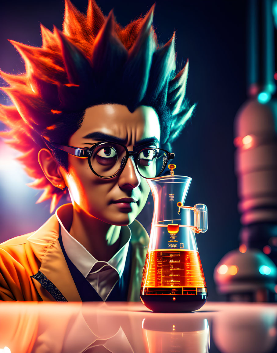Colorful Hair Scientist in Lab Coat Observing Chemical Flask