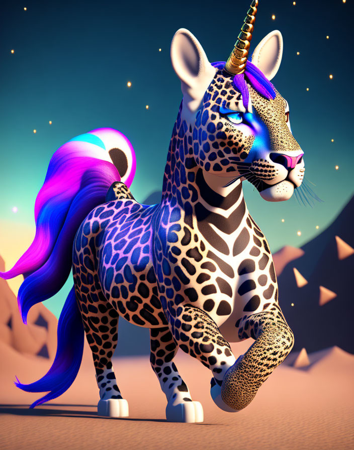 Leopard-bodied creature with unicorn horn in twilight desert with pyramids