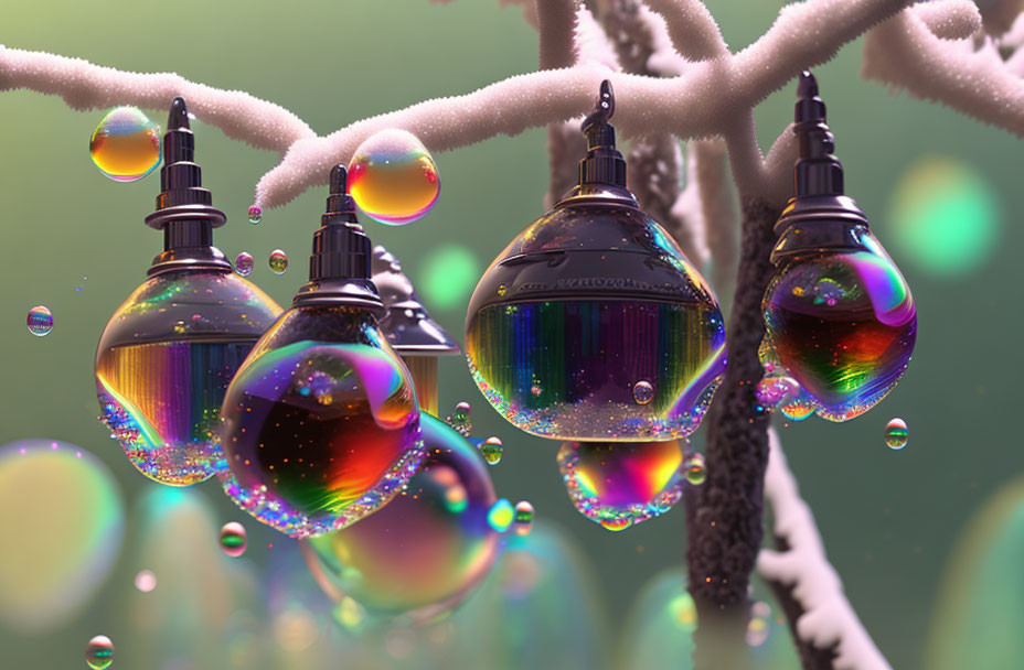 Iridescent Christmas Ornaments on Snow-Covered Branch