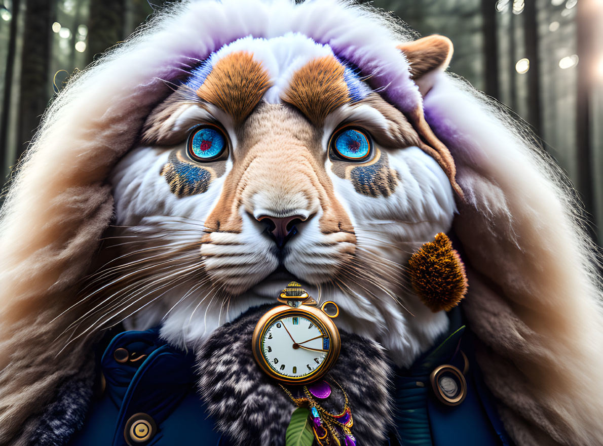 Anthropomorphic tiger in Victorian attire with pocket watch in forest setting