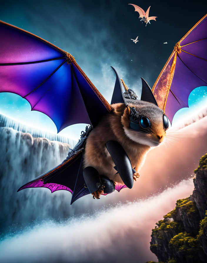Squirrel with dragon wings flying over waterfall and cliffs.