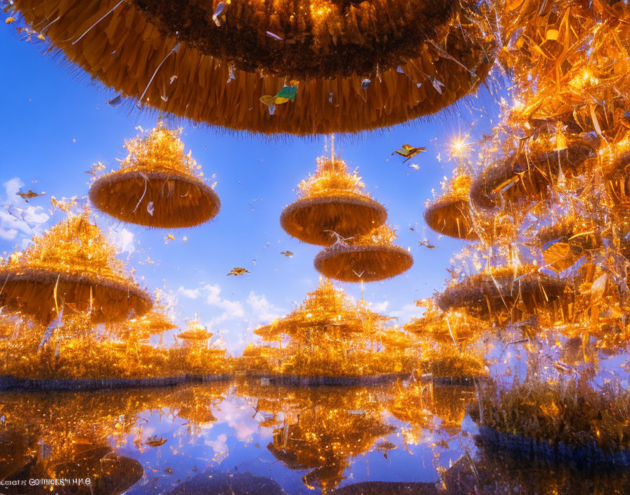Surreal golden mushroom structures in reflective landscape