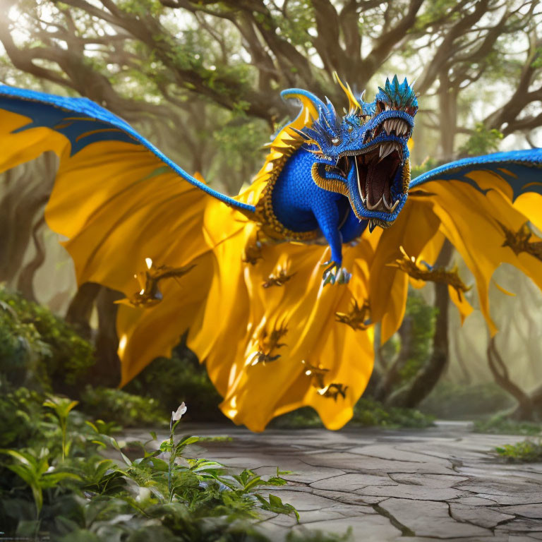 Blue and Gold Dragon Roaring in Mystical Forest Clearing