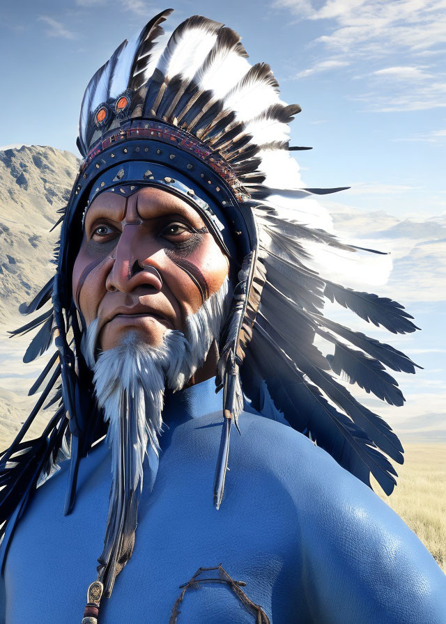 Native American chief in feather headdress overlooking grassy plains and mountains