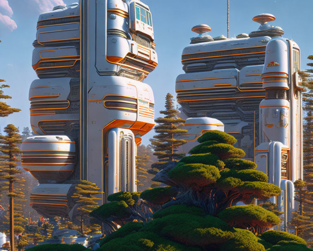 Towering futuristic buildings in forest setting with clear sky