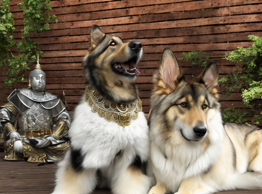 Two dogs with ornate collars near samurai and Buddha statues against wooden wall.